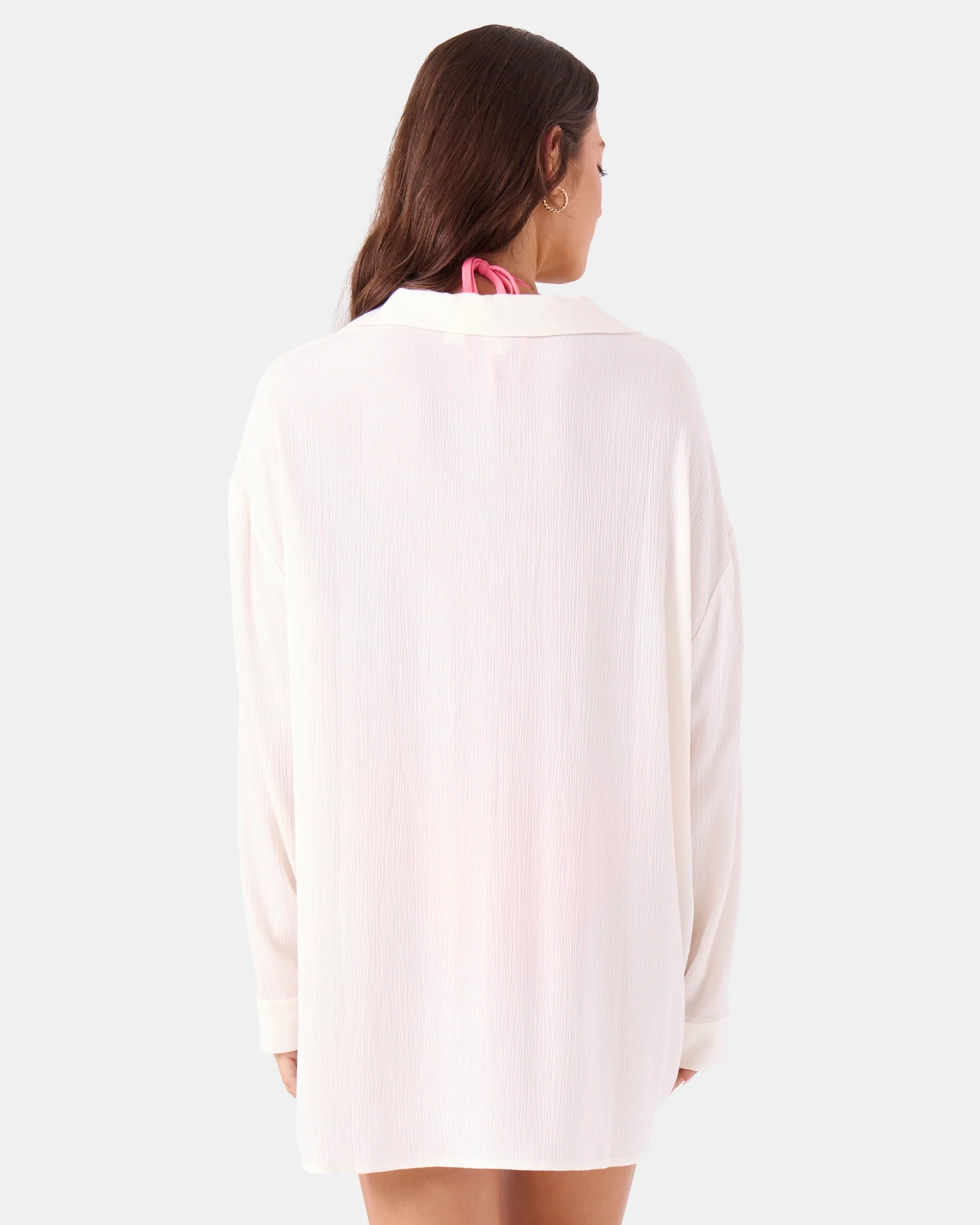 Solid Crinkle Long Sleeve Cover Up Camp Shirt - Image 2